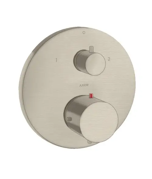Thermostat mit zwei Einstellrädern und einem roten Indikator, montiert auf einer runden Platte. Das Produkt stammt von der Marke AXOR.